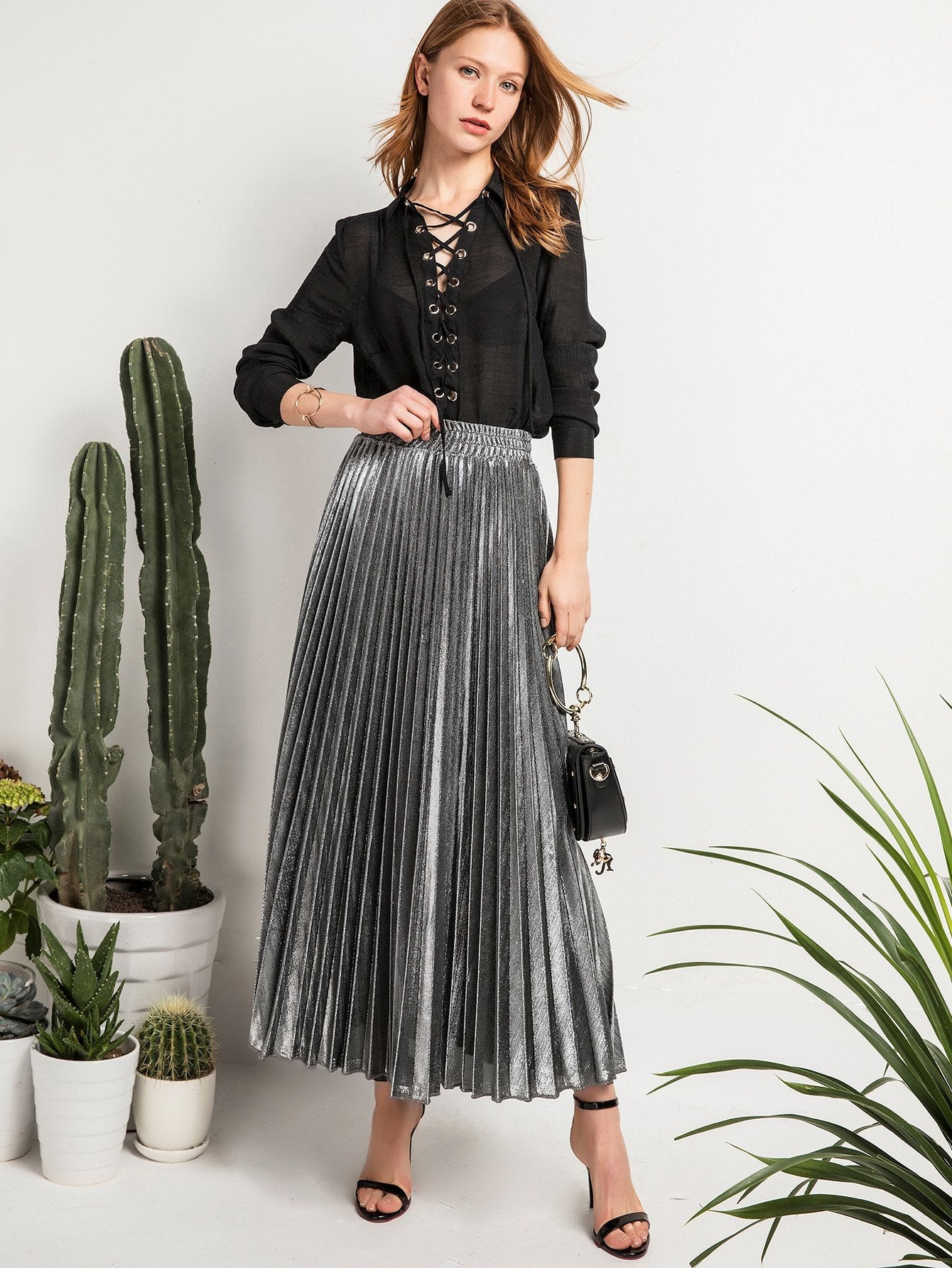 Silver Pleated Skirt - Reina Valentina