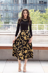 Eliz Black & Gold Floral Midi Skirt - Reina Valentina