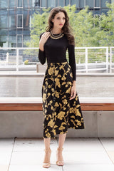 Eliz Black & Gold Floral Midi Skirt - Reina Valentina