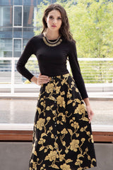 Eliz Black & Gold Floral Midi Skirt - Reina Valentina