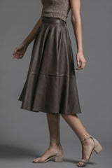 Brown Vegan Leather Midi Skirt - Reina Valentina