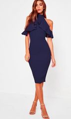 Navy Frill Cold Shoulder Midi Dress - Reina Valentina