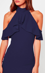 Navy Frill Cold Shoulder Midi Dress - Reina Valentina