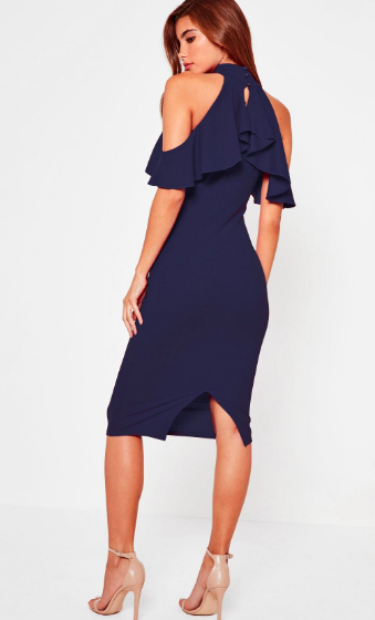 Navy Frill Cold Shoulder Midi Dress - Reina Valentina
