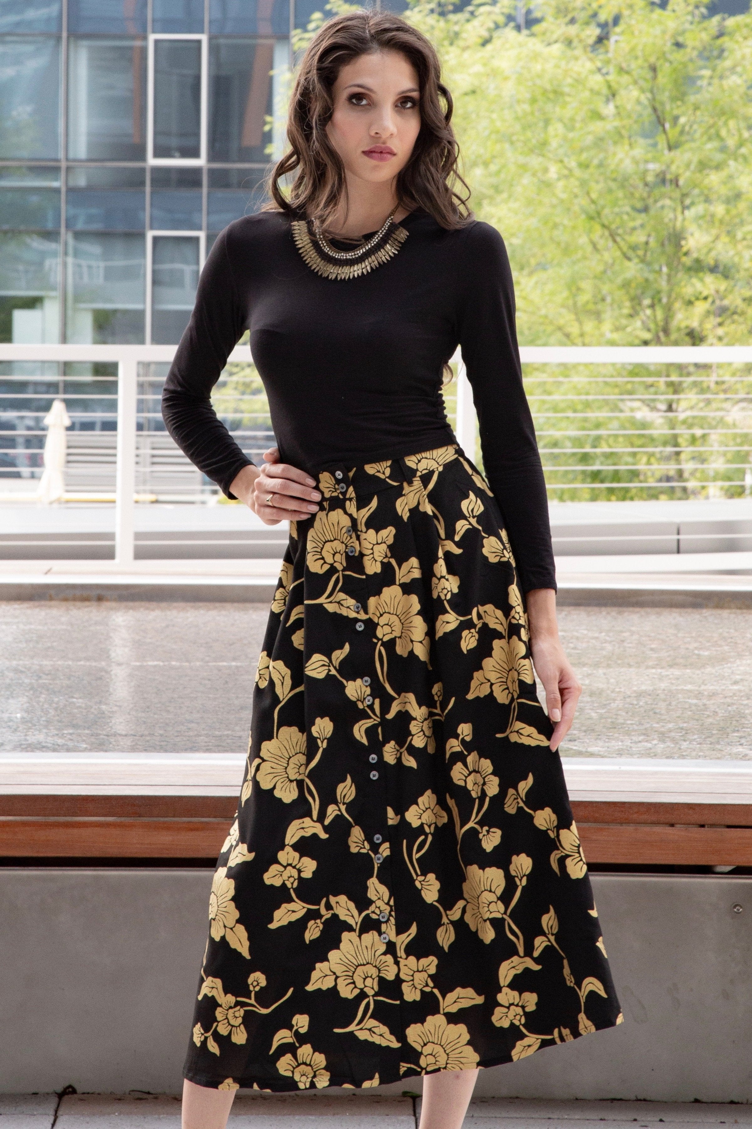 Eliz Black & Gold Floral Midi Skirt - Reina Valentina