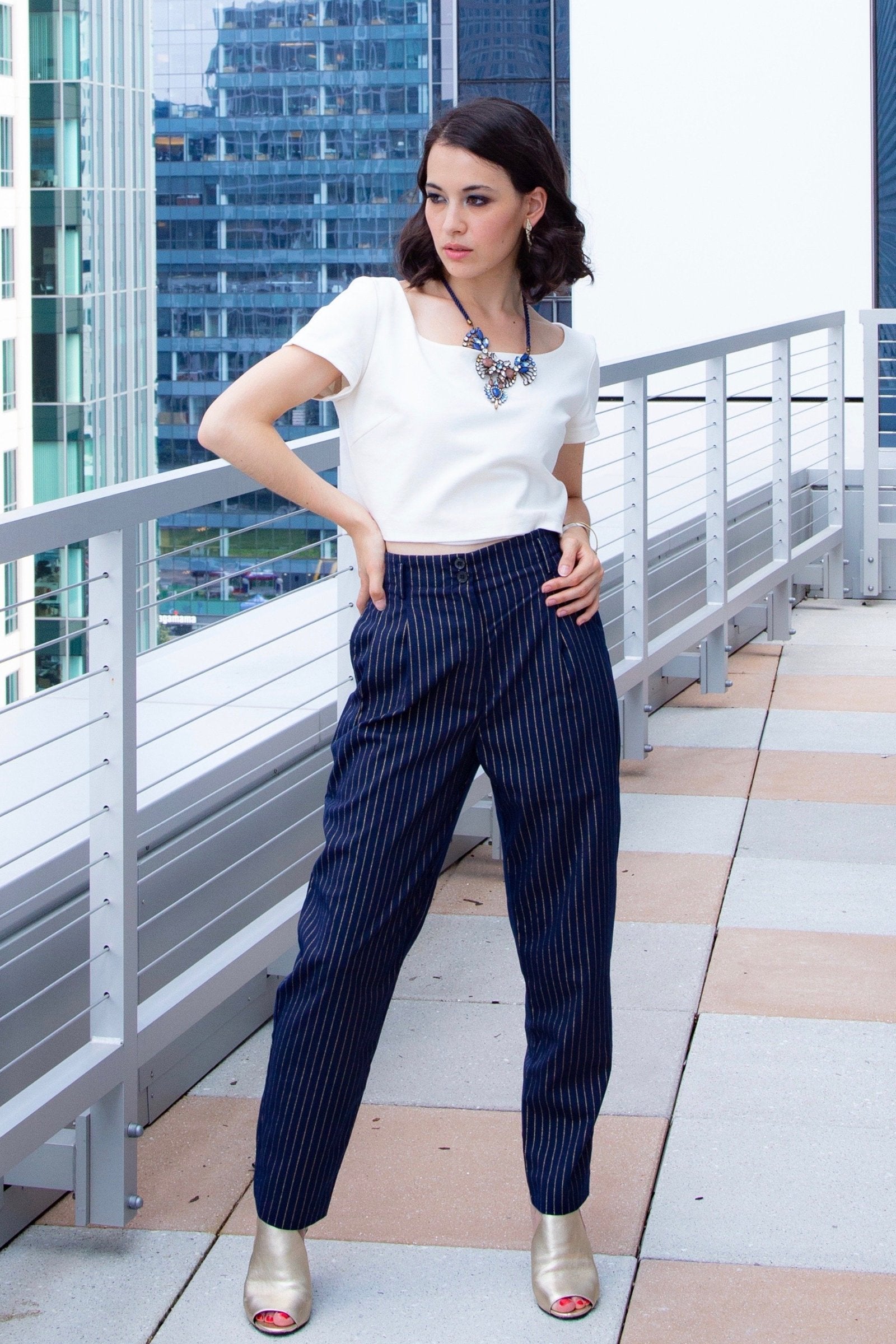SHOWOFF Women Navy Blue Striped Straight Fit Formal Trouser